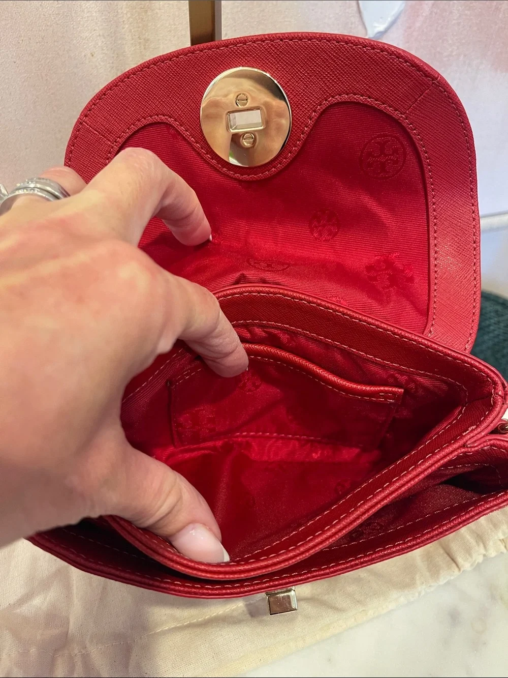 Tory Burch Red Saffiano Crossbody with Gold Emblem